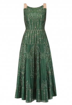 Green Kalidar Gown with Illusion Neckline and Pitta Gold Work All-Over