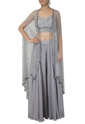 Grey Bustier and Sharara with Embroidered Cape