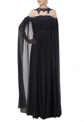 Navy Blue Cape Sleeves Gown