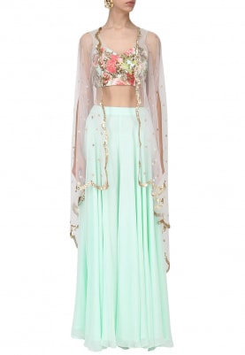 Aqua Bustier and Sharara with Baby Pink Cape