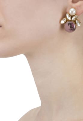 Gold Finish White Pearl and Purple Earrings