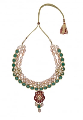 Gold Plated Jadau Red Pendant In Pearls and Kundan Necklace