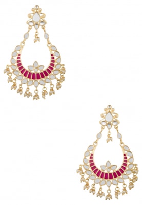 Gold Plated Kundan and Hot Pink Enamel Chandbali Earrings