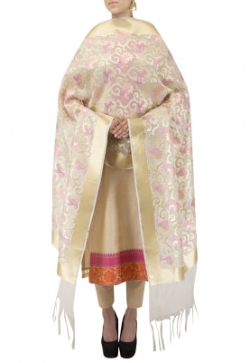 Cream and Golden Kora Jaal Dupatta with Hint Of Pink