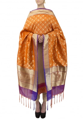 Orange Banarsi Paudi Silk Dupatta with Tear-Drop Woven Motif and Contrast Color Tassel