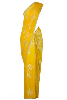 Yellow and Gold Pure Chiffon Saree with Floral All-Over Zari Work