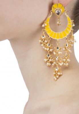 Gold Plated Kundan and Sunflower Yellow Enameled Earrings