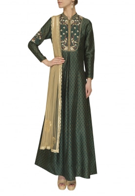 Green Iznik Printed and Embroidered Anarkali with Gold Printed Dupatta