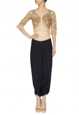 Net Embroidered Baby Pink Top with Feathers At Sleeve and Deep Blue Dhoti Pants