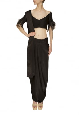 Black Off-Shoulder Blouse with Feather Sleeve Hem and Drape Saree