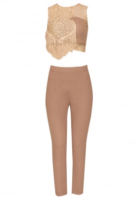 Beige Sequin Embroidered and Fringed Top with Fitted Pants