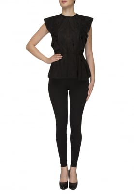 Black Embroidered Peplum Top with Ruffles