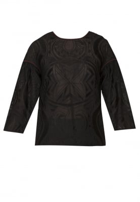 Black Embroidered Top with Gathered Sleeve
