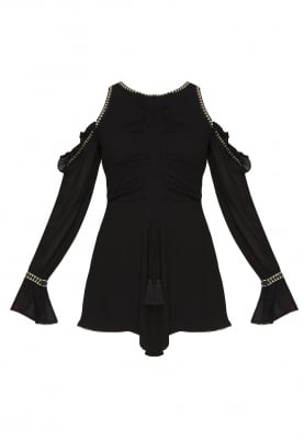 Black Front Gathered Playsuit with Cold Shoulder Long Sleeve with Bell