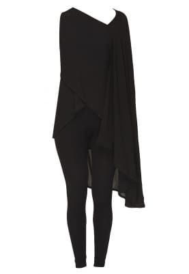 Black Asymmetric Top with Flare Flying Over Arm