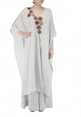 Light Grey Draped Jumpsuit with Tiled Embroidery Details
