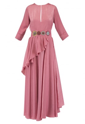 Onion Pink Drape Long Dress with Sequin Embroidered Belt