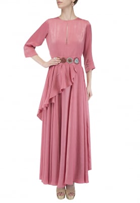 Onion Pink Drape Long Dress with Sequin Embroidered Belt