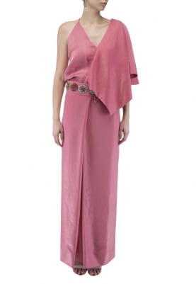 Fuschia Pink One Shoulder Drape Dress with Embroidery At Waistline