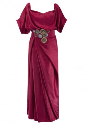 Fuschia Pink Off-Shoulder Drape Dress with Embellished Belt