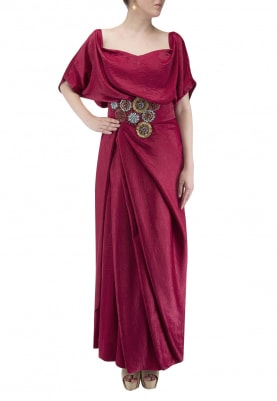 Fuschia Pink Off-Shoulder Drape Dress with Embellished Belt