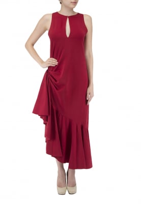 Maroon Dress with Asymmetric Frill At Hemline with Gathers At Side-Seam