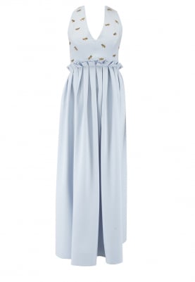 Ice Blue Halter Neck Long Dress with Metal Sequin Hand Embroidered