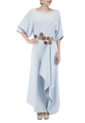 Ice Blue Embroidered Long Dress with Drape and Embellished Waistline