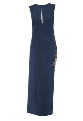 Navy Blue Side Slit Embroidered Long Dress with Key-Hole Button Closure In Front