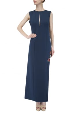 Navy Blue Side Slit Embroidered Long Dress with Key-Hole Button Closure In Front