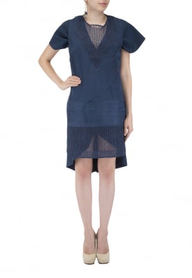 Navy Blue Raffia Embroidered Inner Paired with Over-Sized Drape Dress