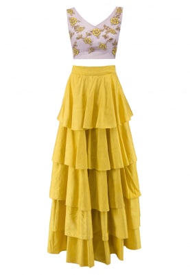 Lavender Zardozi Embroidered Blouse with Yellow Ruffle Skirt