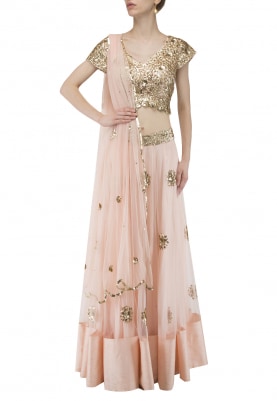 Pastel Pink and Golden Sequin Embroidered Blouse, Lehenga and Dupatta