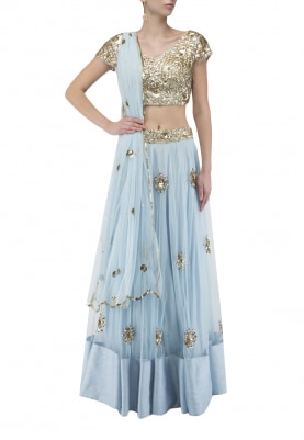 Pastel Blue and Golden Sequin Embroidered Blouse, Lehenga and Dupatta