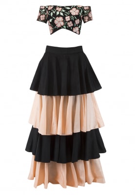 Black Off-Shoulder Floral Embroidered Blouse and Dupatta with Black and Peach Ruffle Tier Skirt
