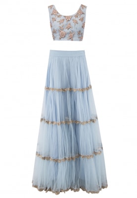 Blue with Pastel Pink Zardozi Embroidered Choli with Lace Tiered Skirt and Dupatta