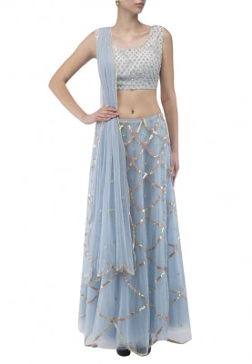 Blue Scalloped Sequin Embroidered Lehenga, Pink Flower Embroidery Blouse and Dupatta