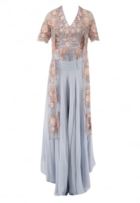 Blue with Pink Thread Embroidered Halter Blouse and Long Jacket Paired with Bias Cut Palazzo