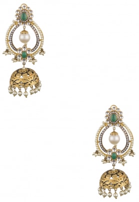 Gold Finish Kundan and Green Stone Chandbali Earrings