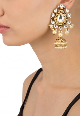 Antique Gold Plated Kundan Jhumka Drop Earrings