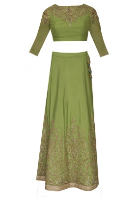 Green Embellished Lehenga Set with Tulle Dupatta