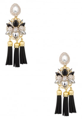 Gold and Silver Finish Crystal and Black Tasseled Earrings