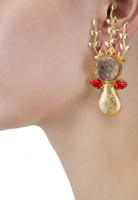 Gold Finish Brown and Red Crystal Earrings