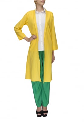 Yellow Jacket with White Shirt and Green Palazzo Pant