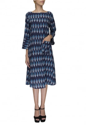 Blue Ikat Pattern Dress with Bell Ruffle Sleeves