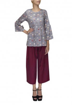 Grey Printed Top with Maroon Plazzo Pant