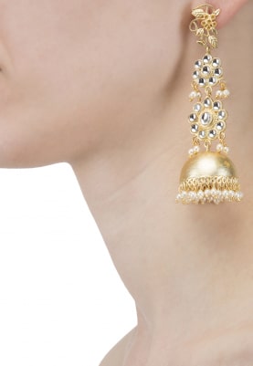 Gold Finish Kundan and Pearl Jhumki Earrings