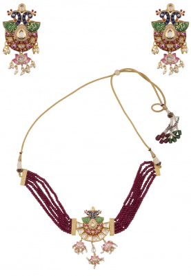 Gold Finish Kundan and Wine Beads Necklace Set