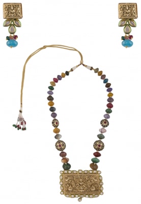 Gold Finish Multicolor Crystal and Pendant Necklace Set