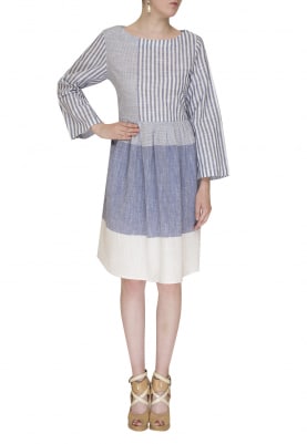 Blue White Combination Stripe Chambray Look Dress